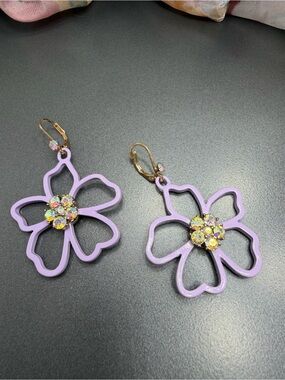 Betsey Johnson Lavender Flower Drop Earrings with Aurora Crystal